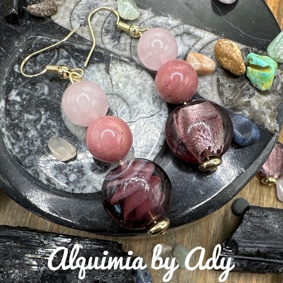 Rose Quartz rhodonite chunk maxi bon bon dangle long earrings - Picture 1 of 3